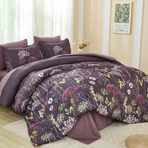 Yiran Purple Comforter Set King Size, 7 Piece Floral Dandelion Comforter Bedding Set, Botanical Bed in a Bag King, Soft Microfiber Complete Bedding Set with Sheets for All Season