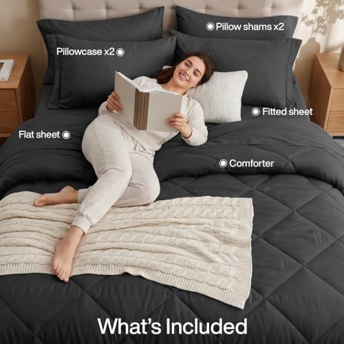 Utopia Bedding Comforter Set Full, Bed in a Bag 7 Piece, Dark Grey