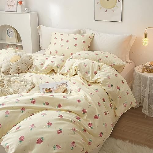 Cute Strawberry Comforter Set Full Size Girls Teens Kawaii Bedding Set Full Fruit Strawberry Comforter with 2 Pillowcases Fluffy Comfy All Seasons Bedding Full Size Comforter Set for Kids Boys Toddler