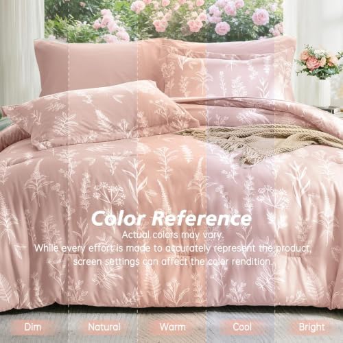 MUXHOMO Cameo Pink Cal King Comforter Set, Elegant Floral Print Bed in a Bag 7 Pieces, Ultra Soft & Breathable Reversible Botanical Pattern Bedding Set with Comforter, Sheets, Pillowcases, and Shams