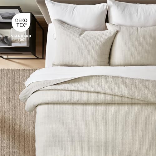EverGrace 100% Cotton Modern Grid Stitch Quilt Set, Queen Size, Birch