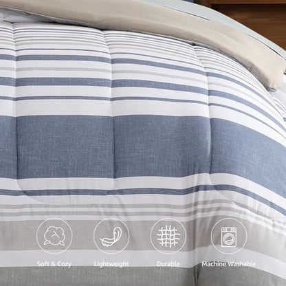 Twin XL Comforter Set Striped Sea Blue 5 Pieces Bed in a Bag for Dorm