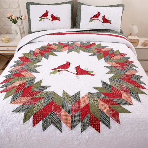 vctops 3 Pieces Christmas Cotton Quilted Quilt Set (Birds,Oversize Queen)