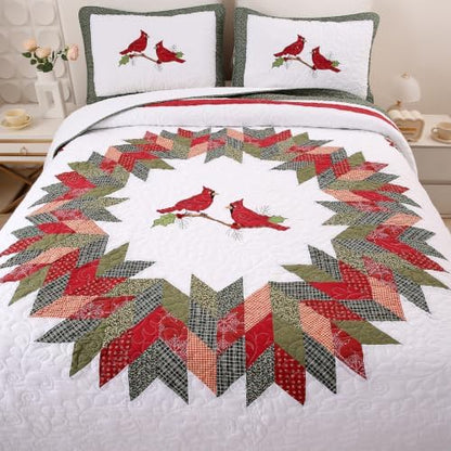 vctops 3 Pieces Christmas Cotton Quilted Quilt Set (Birds,Oversize Queen)