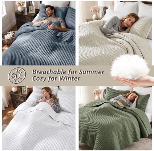 WDCOZY Navy Blue Cross Stitch Queen Size Quilt Set, Striped Lightweight Soft Bedspread, Channel Farmhouse Rustic Coverlet, All Season Country Bedding, Thin Comforter