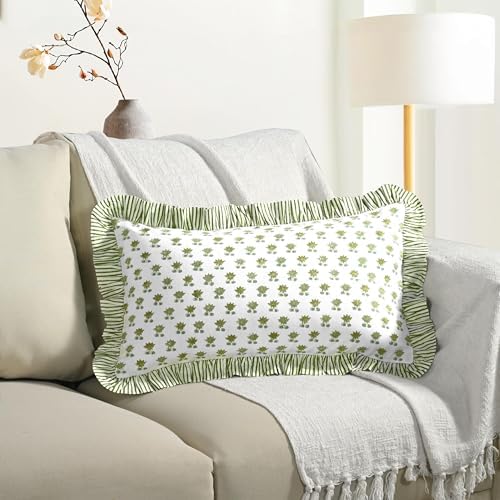 CPC Block Print Lotus Meadow Ruffle Cotton Lumbar Pillow Cover 12x20 inch
