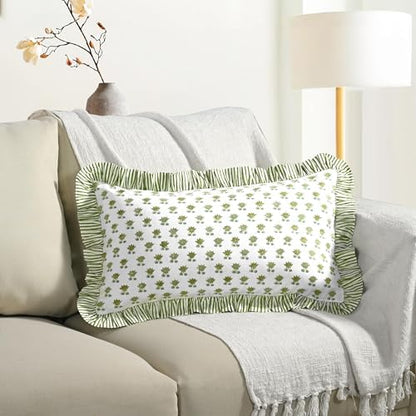 CPC Block Print Lotus Meadow Ruffle Cotton Lumbar Pillow Cover 12x20 inch