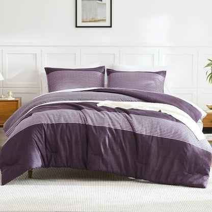 Litanika Purple Super King Comforter Set - 3 Pieces Stripe Bed Set