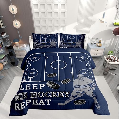 Castle Fairy Ice Hockey Boys Kids Comforter Set Full Size,Winter Extreme Sports Navy Blue Duvet Set Room Decor,Puck Ball Hockey Player Brushed Microfiber Soft Bedding Comforter