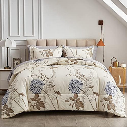 Joyreap 6 Piece Bed in a Bag Twin, Elegant Flower Botanical Smooth Soft Microfiber Floral Comforter Set for All Season (1 Comforter, 2 Pillow Shams, 1 Flat Sheet, 1 Fitted Sheet, 1 Pillowcase)