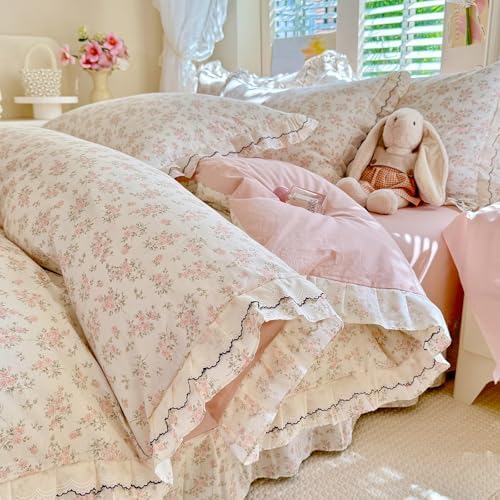mixinni Shabby Chic Floral Duvet Cover Set Twin, 100% Cotton Cottagecore Bedding with Double Ruffle Lace Trim, Reversible Pink Rose Flower Vintage Farmhouse Comforter Cover with Zipper & Corner Ties