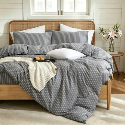Striped Duvet Cover Set 100% Washed Cotton Linen Feel King
