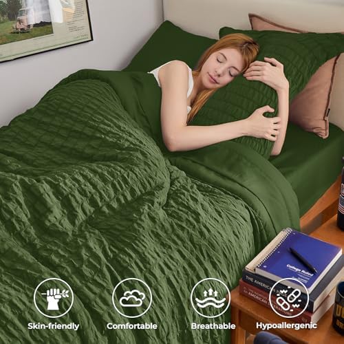 HYMOKEGE Olive Green Twin XL Comforter Set Seersucker 5 Pieces, All Season Luxury Bed in a Bag for Bedroom, Bedding Set with Comforter, Sheets, Pillowcase & Sham