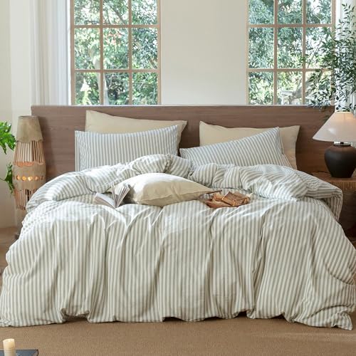 MooMee Striped Duvet Cover Set 100% Washed Cotton Linen Like King
