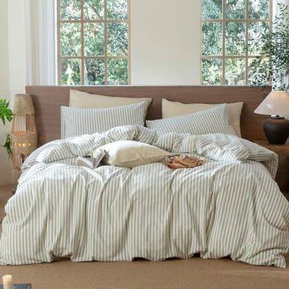 MooMee Striped Duvet Cover Set 100% Washed Cotton Linen Like Full