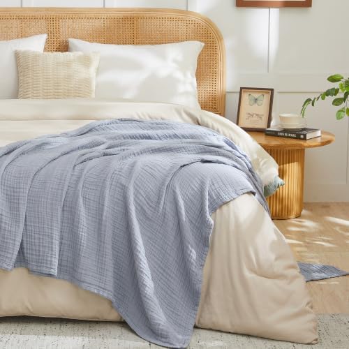 EMME Muslin Blankets for Adults Throw Blanket for Couch Breathable Gauze Soft Lightweight Airy Dusty Blue Super King 120" x 94"