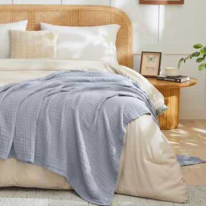 EMME Muslin Blankets for Adults Throw Blanket for Couch Breathable Gauze Soft Lightweight Airy Dusty Blue King 108" x 90"