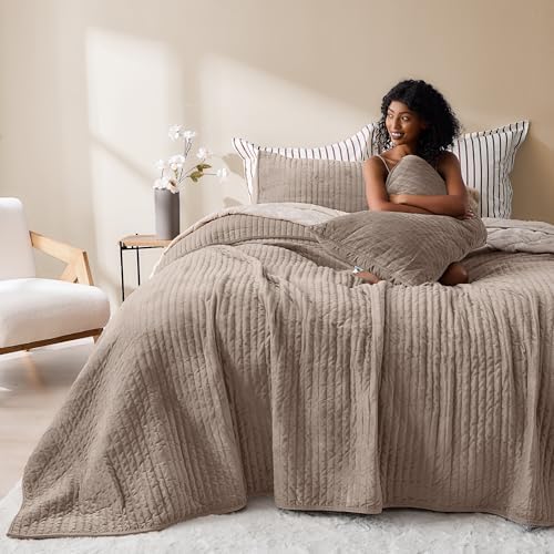 Wonderful - Velvet Quilt Set Queen Size Light Brown, Soft Cotton-Feel Plush Coverlet with Shams, Premium Vertical Channel Stitched, Lightweight All-Season Bedspread