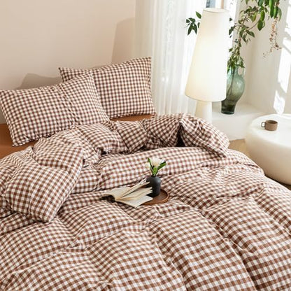 JIYUAN Super King Washed Cotton Duvet Cover Set,Classic Gingham