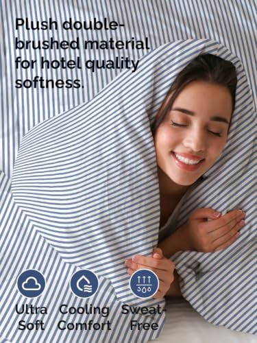 Duvet Cover Full Size - 3 Piece with Zipper Closure - Blue Stripes