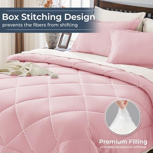 HEVUMYI 7-Piece Full Comforter Set, Pink & Ivory Bed in a Bag