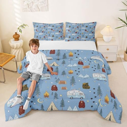 Homewish Cartoon Tents Camp Camper Comforter Set Twin Size,Camping Picnic Bedding Sets 2Pcs for Kids Girls Boys Teens Room Decor,Woodland Bear Quilted Duvet Snow Mountain Down Comforter,1 Pillowcase