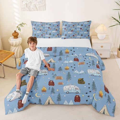Homewish Cartoon Tents Camp Camper Comforter Set Queen Size,Camping Picnic Bedding Sets 3Pcs for Kids Teens Woman Men Room Decor,Woodland Bear Quilted Duvet Snow Mountain Down Comforter,2 Pillowcases