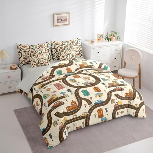Erosebridal 7 Pcs Cartoon Car Kids King Bedding Set Cityscape City Car Comforter Set with Sheets for Boys Teens Men Funny House Building Road Map Bed in A Bag Modern Transportation Vehicle Bed Sets