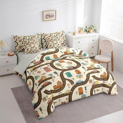 Erosebridal 7 Pcs Cartoon Car Kids King Bedding Set Cityscape City Car Comforter Set with Sheets for Boys Teens Men Funny House Building Road Map Bed in A Bag Modern Transportation Vehicle Bed Sets