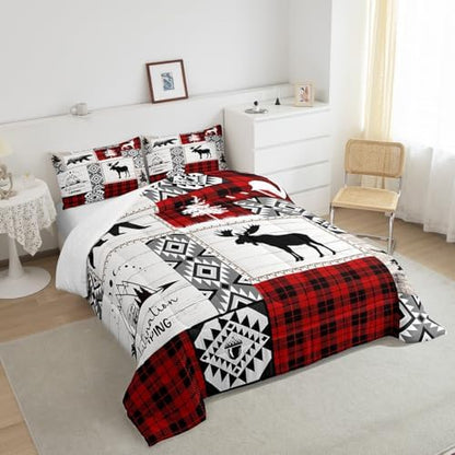 Deer Antlers Bear Kids Comforter Set King Size,Plaids Aztec Arrows Patchwork Bedding Set for Boys Girls Adults Room Decor,Rustic Adventure Xmas Down Comforter,Red Retro Duvet Insert,2 Pillowcases