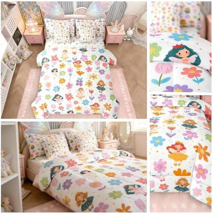 Erosebridal Cute Floral King Size Comforter Set with Sheets | Kids Cartoon Fairy Princess 7 Piece Bedding Set Rustic Flowers Bed in a Bag, Kawaii Elf Room Decor,White