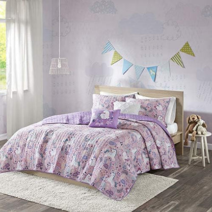 Intelligent Design Kids Cotton Unicorn Printed Pink Queen Quilt Set, 5pc