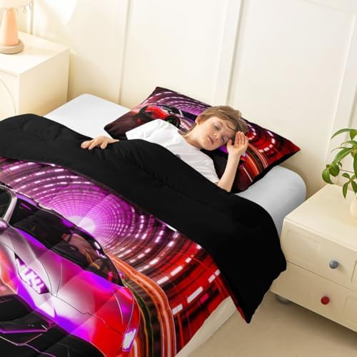 Feelyou Boys Sports Car Comforter Set Toddler Size Pink Racing Car Bedding Set for Kids Boys Girls Extreme Sports Duvet Quilt Automobile Bedroom Decor Microfiber 2 Pcs with 1 Pillow Cases