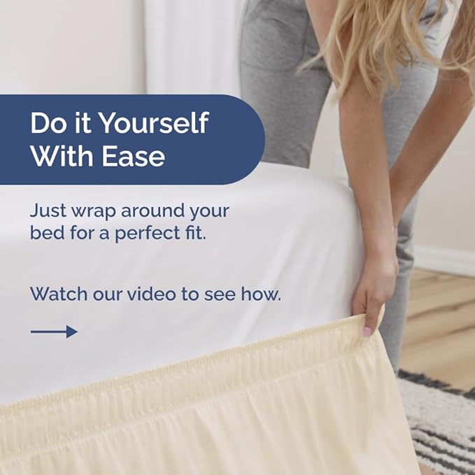Wrap Around Dust Ruffle Bed Skirt - Off White - for Full Size Beds w/ 15 Inch Drop - Easy Fit Elastic Strap - Adjustable Pleated Bedskirt w/Brushed Fabric - Wrinkle Free - Women, Men, Kids & Teens