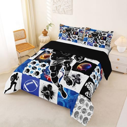 Erosebridal Sports Bedding Sets Full - Football Patchwork Comforter Set for Kids Adults Geometric Ball Pattern Duvet Insert Rugby Game Quilt