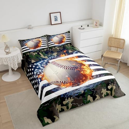 American Flag Comforter Set, Baseball Bedding Set Full For Kids Boys Teens Bedroom Decor, Camouflage Down Comforter Usa Federations Stars Sports Games Quilted Duvet With 2 Pillow Cases, Red Black