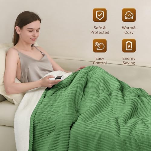Reaks Heated Blanket Twin, 9 Heat Levels, 2-10H Auto-Off, 62"x84", Green