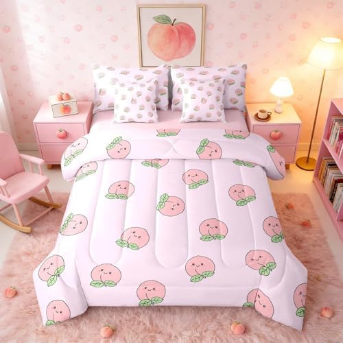 Erosebridal Cartoon Twin Comforter Set Pink Peach 7 Pieces Bedding Kids Kawaii Bed Set with Sheets Girl Lovely Cute Fruits Bed in A Bag Bedroom Decor