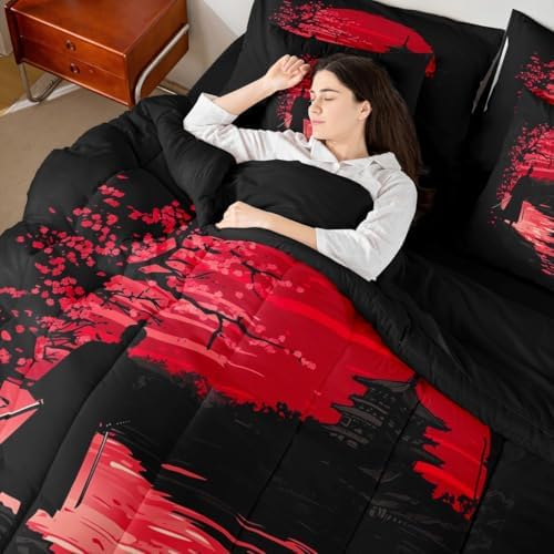 Erosebridal Samurai King Comforter Set 7 Pieces, Sunset Bed in A Bag for Bedroom, Kids Boys Teens Men Japanese Bedding Set with Comforters, Sheets, Pillowcases Scenery Silhouette Bedroom Decor