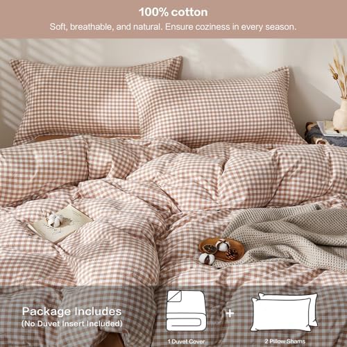 SAPHREAS Gingham Duvet Cover Set King Size, 100% Washed Cotton Linen Like Plaid Comforter Cover with Zipper Closure & Corner Ties (No Comforter), 104x90 Taupe