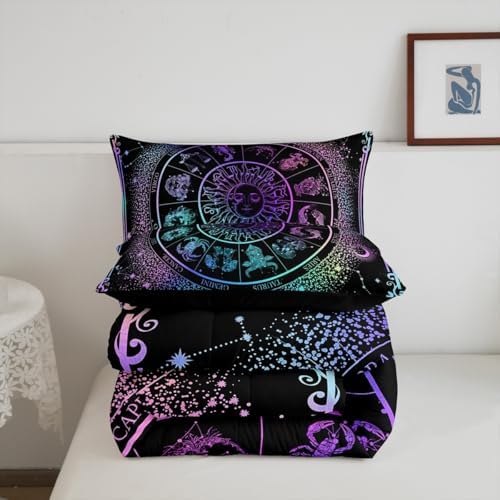 Sun and Moon Comforter Set Zodiac Signs Astrology Bedding Set King Constellations Galaxy Down Comforter Spiritual Gifts for Girls Teens Women,Trippy Leo Aquarius Quilt Duvet Set Purple Blue 3 Pcs