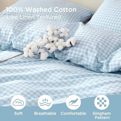 TOCOMOA Gingham Duvet Cover Set 100% Washed Cotton Like Linen, Queen