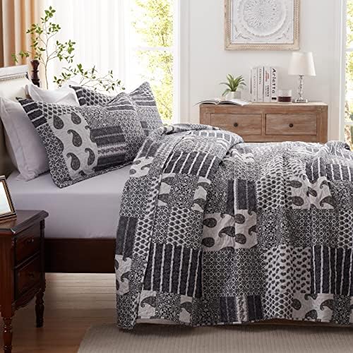 LEAONME Quilt Set Full/Queen Size 3 Piece Bedspread Coverlet Lightweight Comforter Microfiber Bedding Set for All Season Oversized 90x98 Inch Bed Cover Floral Paisley Gray(1 Quilt,2 Pillow Shams)