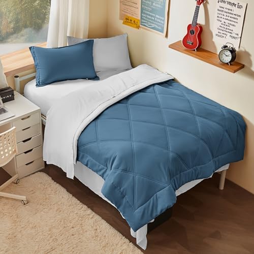 Joiedomi Twin Comforter Set with Sheets Blue, 5 Pieces Twin Bedding Sets with 1 Down Alternative Comforter, 1 Flat Sheet, 1 Fitted Sheet, 1 Pillowcase and 1 Pillow Sham, Bed in a Bag for All Seasons