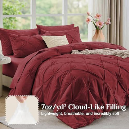 JOLLYVOGUE Full Size Comforter Sets 7 Pieces - Bed in a Bag Full for All Season, Pintuck Bedding Comforter Sets with Comforter, Flat Sheet, Fitted Sheet and Pillowcases & Shams, Burgundy