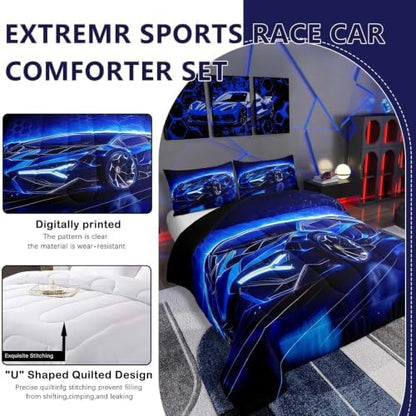 Feelyou Kids Boys Sports Car Comforter Set Twin Size Blue Race Car Comforter for Kids Teens Room Decor Extreme Sports Theme Bedding Set Cool Speed Luxury Car Decor Quilt Set Soft for All Season