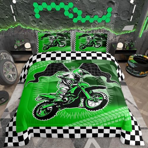 Feelyou Dirt Bike Comforter Set for Kids Boys Girls,Toddler Size,Motorcycle Racer Bedding Set,Cool Motocross Duvet Quilt,Motorcycle Comforter,Extreme Sports Bedroom Decor