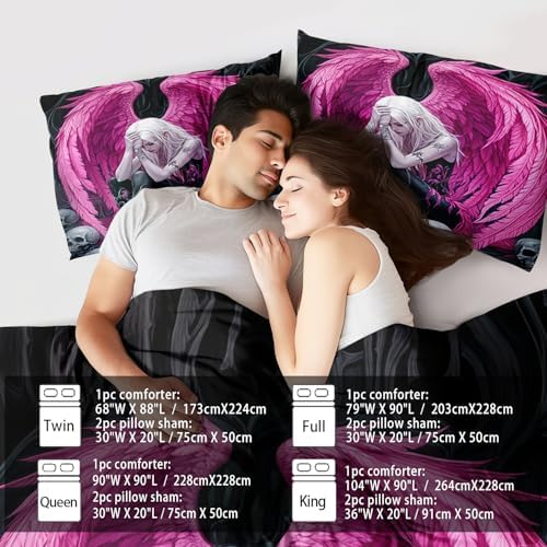Gothic Skull Comforter Set Full for Adults,Angel Wings Bedding Set Pink for Girls,Sexy Angel Comforter Bedroom Decor Teen,Gothic Skull Bedding Decor Pink Wings Quilt