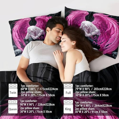 Gothic Skull Comforter Set Full for Adults,Angel Wings Bedding Set Pink for Girls,Sexy Angel Comforter Bedroom Decor Teen,Gothic Skull Bedding Decor Pink Wings Quilt