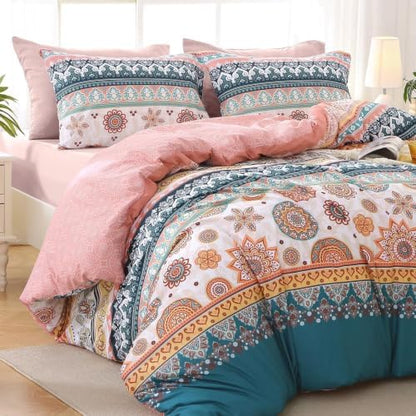 MUXHOMO Oversized Queen Comforter Set, Boho Elegant Floral Print Bed in a Bag 7 Pieces, Ultra Soft & Breathable Reversible Botanical Pattern Bedding Set with Comforter, Sheets, Pillowcases, and Shams